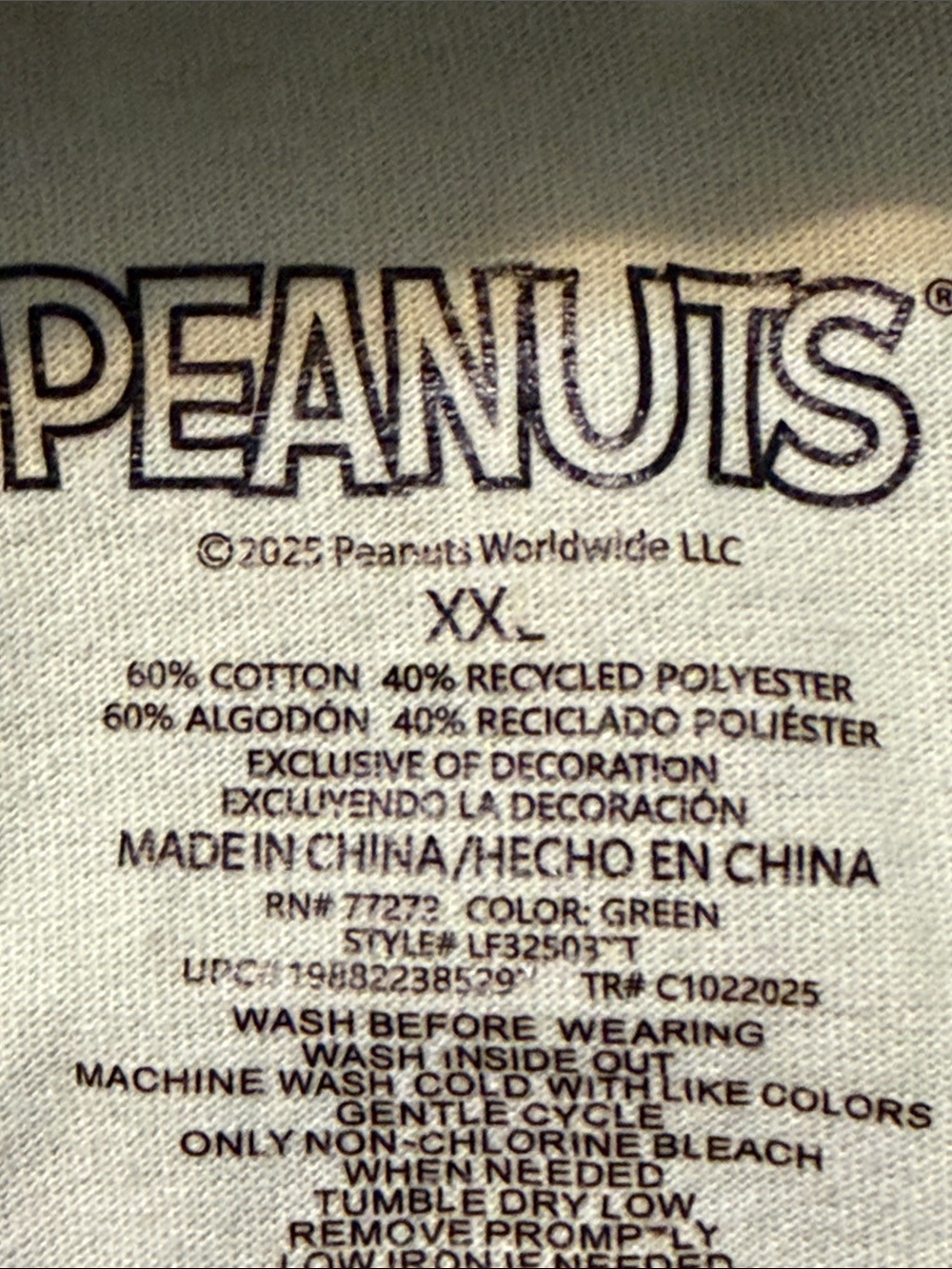 Peanuts by Schulz Sage Green Graphic Tee Size XXL Snoopy Charlie Brown - Picture 4 of 4